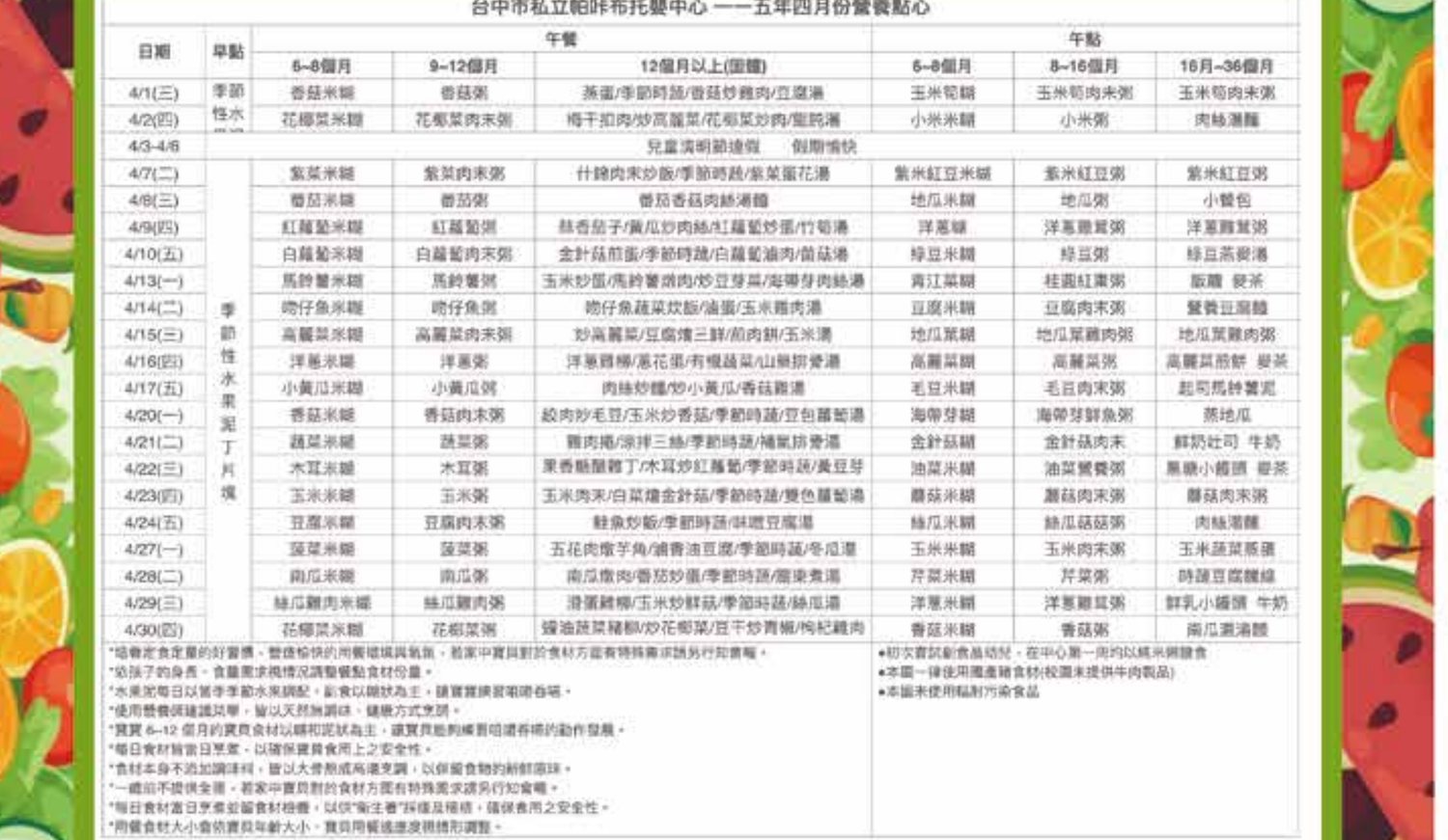 帕咔布托嬰中心 五週循環營養菜單參考表